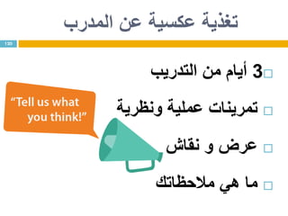 ‫المدرب‬ ‫عن‬ ‫عكسية‬ ‫تغذية‬
3‫التدريب‬ ‫من‬ ‫أيام‬
‫ونظرية‬ ‫عملية‬ ‫تمرينات‬
‫نقاش‬ ‫و‬ ‫عرض‬
‫مالحظاتك‬ ‫هي‬ ‫ما‬
120
 