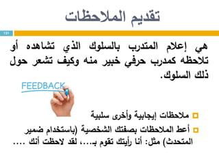 ‫تقديم‬‫المالحظات‬
‫هي‬‫إعالم‬‫المتدرب‬‫بالسلوك‬‫الذي‬‫تشاهده‬‫أو‬
‫تالحظه‬‫كمدرب‬‫حرفي‬‫خبير‬‫منه‬‫وكيف‬‫تشعر‬‫حول‬
‫ذلك‬‫السلوك‬.
‫سلبية‬ ‫ى‬‫أخر‬‫و‬ ‫إيجابية‬ ‫مالحظات‬
‫الشخصية‬ ‫بصفتك‬ ‫المالحظات‬ ‫أعط‬(‫ضمير‬ ‫باستخدام‬
‫المتحدث‬)‫مثل‬:‫بـ‬ ‫تقوم‬ ‫أيتك‬‫ر‬ ‫أنا‬...‫أنك‬ ‫الحظت‬ ‫لقد‬ ،....
121
 