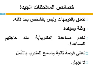 ‫خصائ‬‫ص‬‫المالحظات‬‫الجيدة‬
‫تتعلق‬‫بالتوجهات‬‫وليس‬‫بالشخص‬‫بحد‬‫ذاته‬.
‫اثقة‬‫و‬‫ومؤكدة‬.
‫تخدم‬‫مساعدة‬‫المتدرب‬/‫ـة‬‫عند‬‫حاجتهم‬
‫للمساعدة‬.
‫تعطي‬‫فرصة‬‫ثانية‬‫وتسمح‬‫للمتدرب‬‫بالتأمل‬.
‫ال‬‫تؤجل‬.
131
 