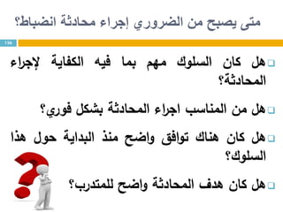 ‫انضباط؟‬ ‫محادثة‬ ‫إجراء‬ ‫الضروري‬ ‫من‬ ‫يصبح‬ ‫متى‬
‫هل‬‫كان‬‫السلوك‬‫مهم‬‫بما‬‫فيه‬‫الكفاية‬‫اء‬‫ر‬‫إلج‬
‫المحادثة؟‬
‫هل‬‫من‬‫المناسب‬‫اء‬‫ر‬‫اج‬‫المحادثة‬‫بشكل‬‫ي؟‬‫فور‬
‫هل‬‫كان‬‫هناك‬‫افق‬‫و‬‫ت‬‫اضح‬‫و‬‫منذ‬‫البداية‬‫حول‬‫هذا‬
‫السلوك؟‬
‫هل‬‫كان‬‫هدف‬‫المحادثة‬‫اضح‬‫و‬‫للمتدرب؟‬
136
 