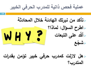 ‫الخبير‬ ‫الحرفي‬ ‫للمدرب‬ ‫ذاتية‬ ‫فحص‬ ‫عملية‬
‫تأكد‬‫من‬‫نبرتك‬‫الهادئة‬‫خالل‬‫المحادثة‬
‫اطرح‬‫ال‬‫ؤ‬‫الس‬:‫لماذا؟‬
‫د‬ِّ‫أك‬‫على‬‫التبعات‬
‫ع‬ّ‫شج‬
‫هل‬‫لت‬‫ز‬‫ال‬‫كمدرب‬‫حرفي‬‫خبير‬‫تؤمن‬‫ات‬‫ر‬‫بقد‬
‫المتدرب؟‬
139
 