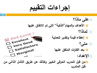 ‫التقييم‬ ‫إجراءات‬
‫على‬‫ماذا؟‬
‫األهداف‬‫المهام‬‫و‬”‫الذكية‬“‫التي‬‫تم‬‫االتفاق‬‫عليها‬
‫لماذا‬‫؟‬
‫إعطاء‬‫قيمة‬‫وتقدير‬‫للعملية‬
‫متى‬‫؟‬
‫بعد‬‫ات‬‫ر‬‫الفت‬‫المتفق‬‫عليها‬
‫اإلعداد‬:
‫من‬‫قبل‬‫المدرب‬‫الحرفي‬‫الخبير‬‫وكذلك‬‫عن‬‫طريق‬‫التأمل‬‫الذاتي‬‫من‬
‫قبل‬‫المتدرب‬
149
 