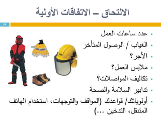 ‫االلتحاق‬–‫األولية‬ ‫االتفاقات‬
‫العمل‬ ‫ساعات‬ ‫عدد‬
‫الغياب‬/‫المتأخر‬ ‫الوصول‬
‫األجر؟‬
‫العمل؟‬ ‫مالبس‬
‫اصالت؟‬‫و‬‫الم‬ ‫تكاليف‬
‫الصحة‬‫و‬ ‫السالمة‬ ‫تدابير‬
‫أولوياتك‬/‫اعدك‬‫و‬‫ق‬(‫الهاتف‬ ‫استخدام‬ ،‫التوجهات‬‫و‬ ‫اقف‬‫و‬‫الم‬
‫التدخين‬ ،‫المتنقل‬)...
55
 