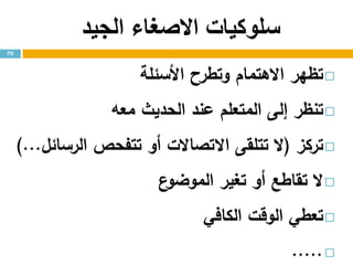 ‫الجيد‬ ‫االصغاء‬ ‫سلوكيات‬
‫تظهر‬‫االهتمام‬‫وتطرح‬‫األسئلة‬
‫تنظر‬‫إلى‬‫المتعلم‬‫عند‬‫الحديث‬‫معه‬
‫تركز‬(‫ال‬‫تتلقى‬‫االتصاالت‬‫أو‬‫تتفحص‬‫الرسائل‬...)
‫ال‬‫تقاطع‬‫أو‬‫تغير‬‫ع‬‫الموضو‬
‫تعطي‬‫الوقت‬‫الكافي‬
.....
70
 