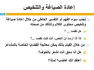 ‫والتلخيص‬ ‫الصياغة‬ ‫إعادة‬
‫صياغة‬ ‫إعادة‬ ‫خالل‬ ‫من‬ ‫الخاطئ‬ ‫التفسير‬ ‫أو‬ ‫الفهم‬ ‫سوء‬ ‫تجنب‬
‫صحته‬ ‫من‬ ‫والتأكد‬ ‫الكالم‬ ‫محتوى‬ ‫وتلخيص‬
‫هل‬‫تقصد‬...‫؟‬
ً‫ا‬‫إذ‬‫تقصد‬ ‫كنت‬ ‫أنت‬ ،‫ألخص‬ ‫أن‬ ‫أردت‬ ‫إذا‬...‫؟‬
‫بالمشاعر‬ ‫الخاصة‬ ‫القضايا‬ ‫معالجة‬ ‫يمكن‬ ‫بذلك‬ ‫القيام‬ ‫خالل‬ ‫من‬
‫بالخوف؟‬ ‫تشعر‬ ‫أنت‬ ‫محق‬ ‫أنا‬ ‫هل‬
‫لماذا؟‬ ‫غاضب؟‬ ‫أنك‬ ‫أعتقد‬
71
 