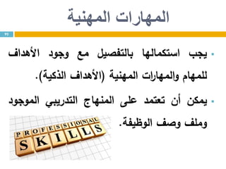 ‫المهنية‬ ‫المهارات‬
‫يجب‬‫استكمالها‬‫بالتفصيل‬‫مع‬‫وجود‬‫األهداف‬
‫للمهام‬‫ات‬‫ر‬‫المها‬‫و‬‫المهنية‬(‫األهداف‬‫الذكية‬).
‫يمكن‬‫أن‬‫تعتمد‬‫على‬‫المنهاج‬‫التدريبي‬‫الموجود‬
‫وملف‬‫وصف‬‫الوظيفة‬.
92
 