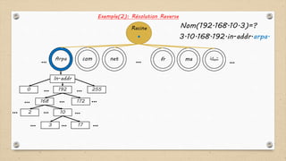 .
Arpa
Racine
com net fr ma ‫شبكة‬… ……
Exemple(2): Résolution Reverse
In-addr
2550 192 ……
172168
2 10
173
…
… …
……
…
………
Nom(192.168.10.3)=?
3.10.168.192.in-addr.arpa.
 