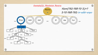 .
Arpa
Racine
com net fr ma ‫شبكة‬… ……
Exemple(2): Résolution Reverse
In-addr
2550 192 ……
172168
2 10
173
…
… …
……
…
………
Nom(192.168.10.3)=?
3.10.168.192.in-addr.arpa.
 