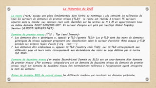 La Hiérarchie du DNS
La racine (root) occupe une place fondamentale dans l'arbre de nommage ; elle contient les références de
tous les serveurs de domaines de premier niveau (TLD). la racine est réalisée à travers 15 serveurs
répartis dans le monde. Les serveurs root sont identifiés par les lettres de A à M et appartiennent tous
au même domaine ROOT-SERVERS.NET. Et serveur d'origine est géré par VeriSign Global Registry
Services (A.ROOT-SERVERS.NET).
Domaine de premier niveau (TLD : Top Level Domain).
 Les domaines dits « génériques », appelés g-TLD (generic TLD). Les g-TLD sont des noms de domaines
génériques de niveau supérieur proposant une classification selon le secteur d'activité. Ainsi chaque g-TLD
possède ses propres règles d'accès (.org .com.....)
 Les domaines dits «nationaux », appelés cc-TLD (country code TLD). Les cc-TLD correspondent aux
différents pays et leurs noms correspondent aux abréviations des noms de pays définies par la norme
ISO 3166.
Domaine de deuxième niveau (en anglais Second-Level Domain ou SLD) est un sous-domaine d'un domaine
de premier niveau. (Par exemple: wikipedia.org est un domaine de deuxième niveau du domaine de premier
niveau .org). Un domaine de deuxième niveau fait normalement référence à l'organisation ayant enregistré
le nom du domaine.
Zones de domaine DNS de second niveau les différents machine qui construit un domaine particulier
 