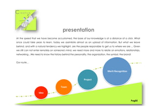 Cr e a t i v e
S k i l l s
Idea	
  
Team	
  
Project	
  
Merit	
  Recogni3on	
  
Pag05
At the speed that we have become accustomed, the base of our knowledge is at a distance of a click. What
once could take years to learn, today we assimilate almost as an upload of information. But what we leave
behind, and with a natural tendency we highlight, are the people responsible to get us to where we are ... Given
we still can not enter remotely on someone's mind, we need more and more to relate on emotions, relationships,
networking…We need to know the history behind the personality, the organization, the symbol, the brand!
Our route…
presentation
 