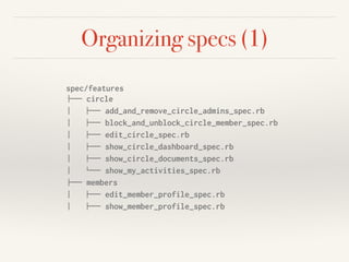 Organizing specs (1)
spec/features
!"" circle
#   !"" add_and_remove_circle_admins_spec.rb
#   !"" block_and_unblock_circle_member_spec.rb
#   !"" edit_circle_spec.rb
#   !"" show_circle_dashboard_spec.rb
#   !"" show_circle_documents_spec.rb
#   $"" show_my_activities_spec.rb
!"" members
#   !"" edit_member_profile_spec.rb
#   !"" show_member_profile_spec.rb
 