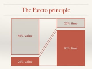 The Pareto principle
80% value
20% time
80% time
20% value
 