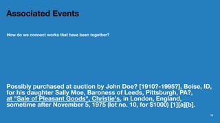 Associated Events
How do we connect works that have been together?
Possibly purchased at auction by John Doe? [1910?-1995?...