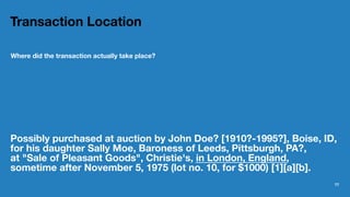 Transaction Location
Where did the transaction actually take place?
Possibly purchased at auction by John Doe? [1910?-1995...