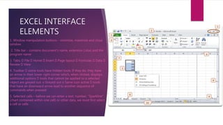 EXCEL INTERFACE
ELEMENTS
1. Window manipulation buttons - minimize, maximize and close
window
2. Title bar - contains document's name, extension (.xlsx) and the
program name
3. Tabs: File Home Insert Page layout Formulas Data
Review View
4. Toolbar some tools have hidden tools. If they do, they have
an arrow in their lower right corner which, when clicked, displays
additional options tools that cannot be applied to a selected
object are greyed out: o Greyed out o Same icon active tools
that have an downward arrow lead to another sequence of
commands when pressed
5. Selected cells – before we can enter a text, number, “Sparkline”
(chart contained within one cell) or other data, we must first select
a cell or cells
 