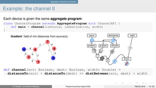 Aggregate Computing: the Basics
Example: the channel II
Each device is given the same aggregate program:
class ChannelProgram extends AggregateProgram with ChannelAPI {
def main = channel(isSource, isDestination, width)
}
Gradient: ﬁeld of min distances from source(s)
def channel(src: Boolean, dest: Boolean, width: Double) =
distanceTo(src) + distanceTo(dest) <= distBetween(src, dest) + width
R. Casadei (Università di Bologna) Programming Actor-based CASs PMLDC 2016 13 / 23
 