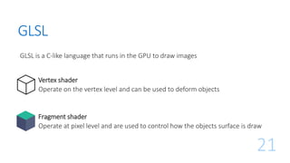 GLSL
GLSL is a C-like language that runs in the GPU to draw images
21
Fragment shader
Operate at pixel level and are used to control how the objects surface is draw
Vertex shader
Operate on the vertex level and can be used to deform objects
 