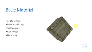 Basic Material
59
•Simple material
• Supports coloring
• Transparency
• Alpha maps
• No lighting
 
