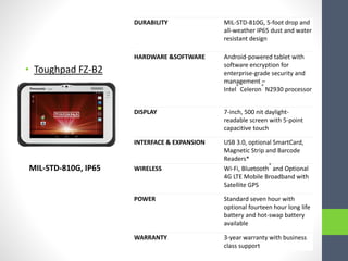 • Toughpad FZ-B2
DURABILITY MIL-STD-810G, 5-foot drop and
all-weather IP65 dust and water
resistant design
HARDWARE &SOFTWARE Android-powered tablet with
software encryption for
enterprise-grade security and
management –
Intel
®
Celeron
®
N2930 processor
DISPLAY 7-inch, 500 nit daylight-
readable screen with 5-point
capacitive touch
INTERFACE & EXPANSION USB 3.0, optional SmartCard,
Magnetic Strip and Barcode
Readers*
WIRELESS Wi-Fi, Bluetooth
®
and Optional
4G LTE Mobile Broadband with
Satellite GPS
POWER Standard seven hour with
optional fourteen hour long life
battery and hot-swap battery
available
WARRANTY 3-year warranty with business
class support
MIL-STD-810G, IP65
 