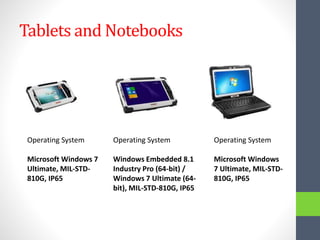 Tablets and Notebooks
Operating System
Microsoft Windows 7
Ultimate, MIL-STD-
810G, IP65
Operating System
Windows Embedded 8.1
Industry Pro (64-bit) /
Windows 7 Ultimate (64-
bit), MIL-STD-810G, IP65
Operating System
Microsoft Windows
7 Ultimate, MIL-STD-
810G, IP65
 