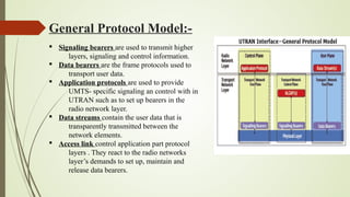 General Protocol Model:-
§ Signaling bearers are used to transmit higher
layers, signaling and control information.
§ Data bearers are the frame protocols used to
transport user data.
§ Application protocols are used to provide
UMTS- specific signaling an control with in
UTRAN such as to set up bearers in the
radio network layer.
§ Data streams contain the user data that is
transparently transmitted between the
network elements.
§ Access link control application part protocol
layers . They react to the radio networks
layer’s demands to set up, maintain and
release data bearers.
 