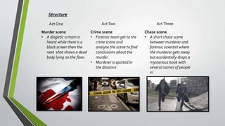 Structure
Act One ActTwo ActThree
Crime scene
• Forensic team get to the
crime scene and
analyse the scene to find
conclusions about the
murder
• Murderer is spotted in
the distance
Chase scene
• A short chase scene
between murderer and
forensic scientist where
the murderer gets away
but accidentally drops a
mysterious book with
several names of people
in
Murder scene
• A diagetic scream is
heard while there is a
black screen then the
next shot shows a dead
body lying on the floor.
 
