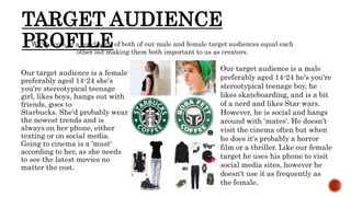 TARGET AUDIENCE
PROFILE
Our target audience is a female
preferably aged 14-24 she's
you're stereotypical teenage
girl, likes boys, hangs out with
friends, goes to
Starbucks. She'd probably wear
the newest trends and is
always on her phone, either
texting or on social media.
Going to cinema is a 'must'
according to her, as she needs
to see the latest movies no
matter the cost.
Our target audience is a male
preferably aged 14-24 he's you're
stereotypical teenage boy, he
likes skateboarding, and is a bit
of a nerd and likes Star wars.
However, he is social and hangs
around with 'mates'. He doesn't
visit the cinema often but when
he does it's probably a horror
film or a thriller. Like our female
target he uses his phone to visit
social media sites, however he
doesn't use it as frequently as
the female.
We've come to a conclusion of both of our male and female target audiences equal each
other out making them both important to us as creators.
 