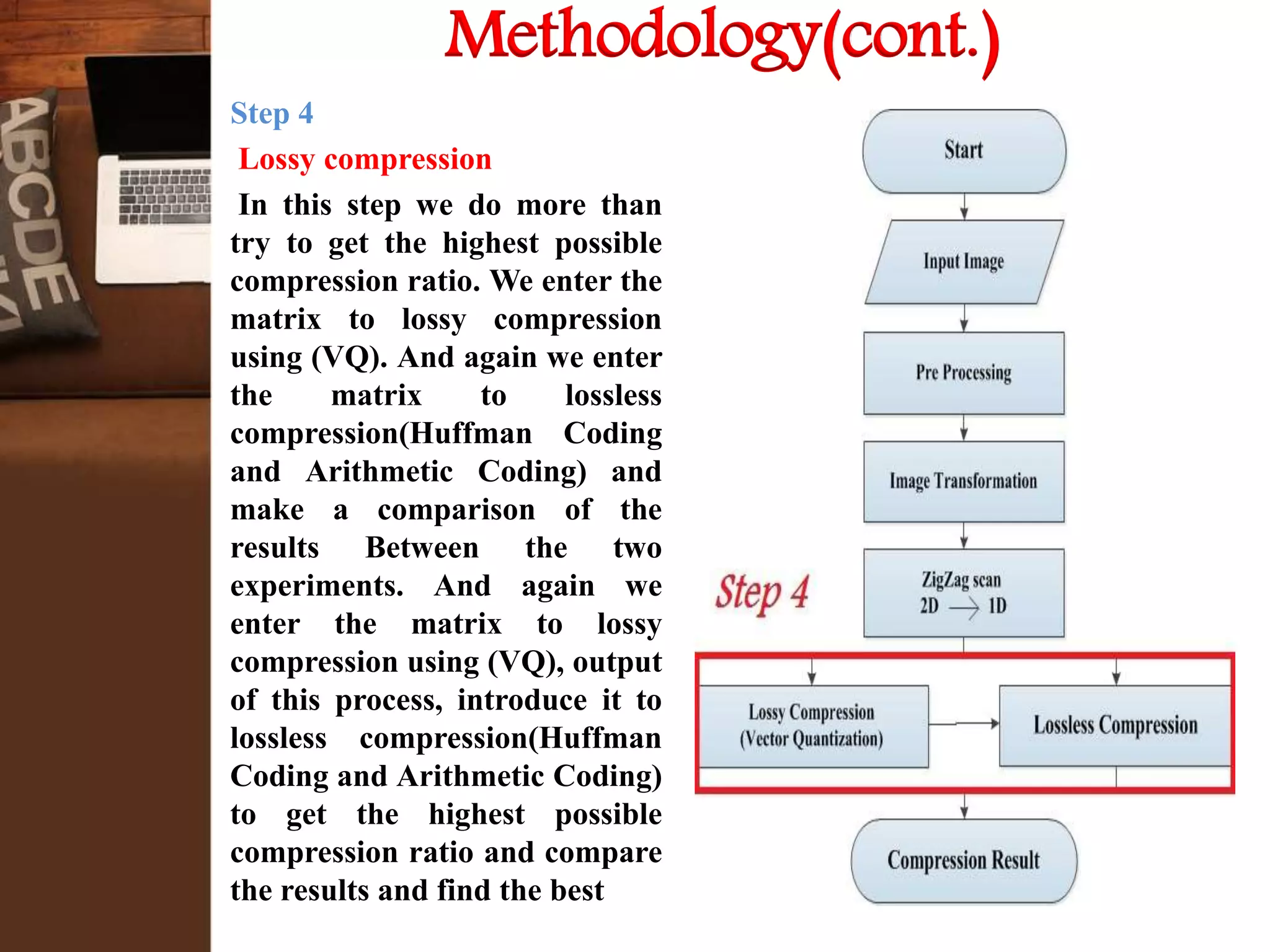 Step 4
Lossy compression
In this step we do more than
try to get the highest possible
compression ratio. We enter the
matrix to lossy compression
using (VQ). And again we enter
the matrix to lossless
compression(Huffman Coding
and Arithmetic Coding) and
make a comparison of the
results Between the two
experiments. And again we
enter the matrix to lossy
compression using (VQ), output
of this process, introduce it to
lossless compression(Huffman
Coding and Arithmetic Coding)
to get the highest possible
compression ratio and compare
the results and find the best
Methodology(cont.)
 
