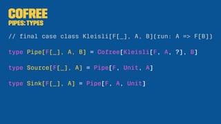 Cofree
Pipes:Types
// ﬁnal case class Kleisli[F[_], A, B](run: A => F[B])
type Pipe[F[_], A, B] = Cofree[Kleisli[F, A, ?],...