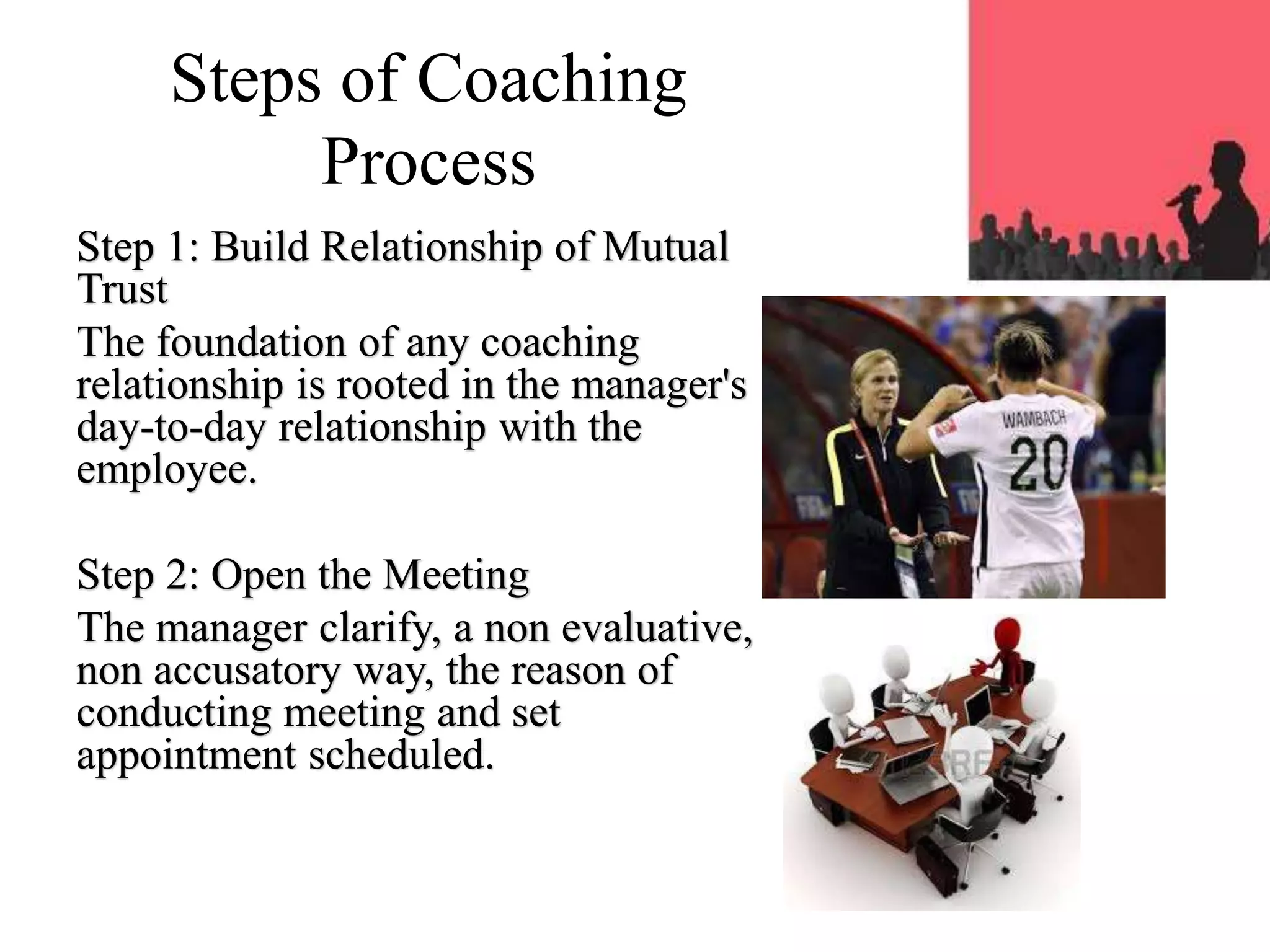 Steps of Coaching
Process
Step 1: Build Relationship of Mutual
Trust
The foundation of any coaching
relationship is rooted in the manager's
day-to-day relationship with the
employee.
Step 2: Open the Meeting
The manager clarify, a non evaluative,
non accusatory way, the reason of
conducting meeting and set
appointment scheduled.
 