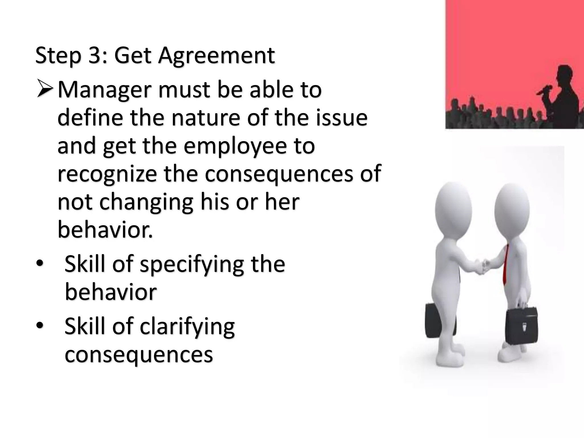 Step 3: Get Agreement
Manager must be able to
define the nature of the issue
and get the employee to
recognize the consequences of
not changing his or her
behavior.
• Skill of specifying the
behavior
• Skill of clarifying
consequences
 