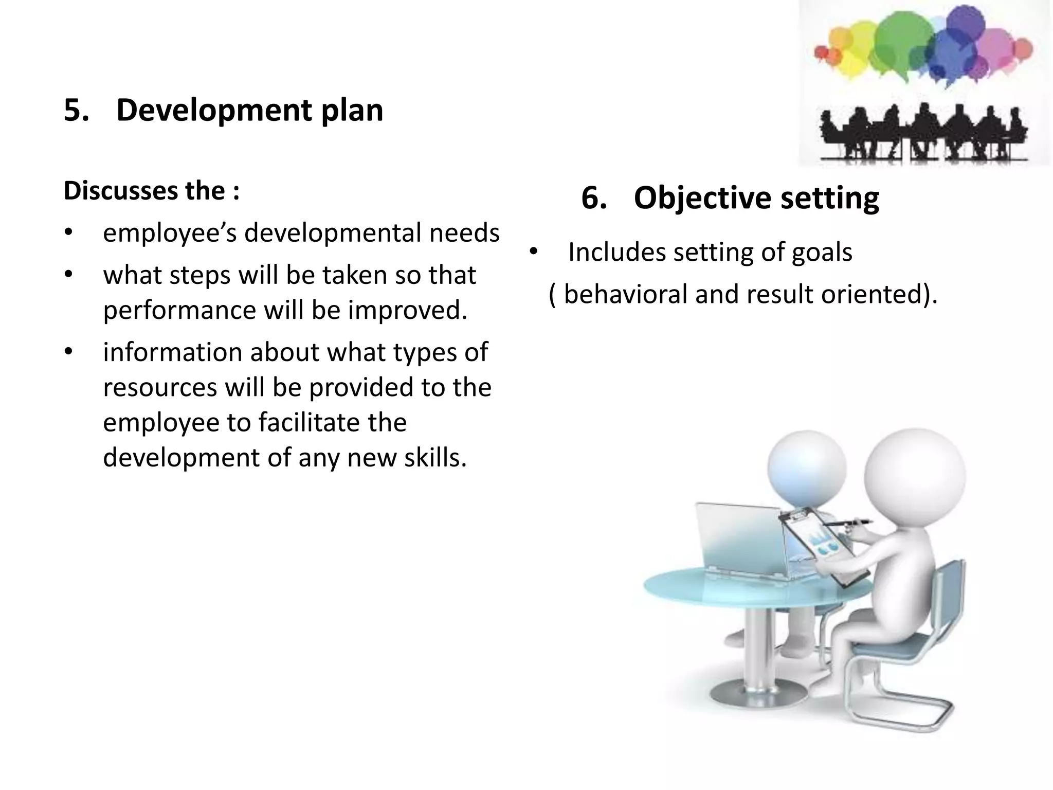 5. Development plan
Discusses the :
• employee’s developmental needs
• what steps will be taken so that
performance will be improved.
• information about what types of
resources will be provided to the
employee to facilitate the
development of any new skills.
6. Objective setting
• Includes setting of goals
( behavioral and result oriented).
 