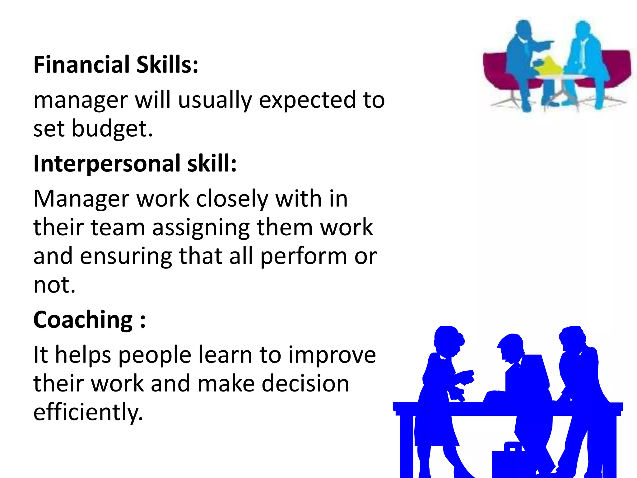 Financial Skills:
manager will usually expected to
set budget.
Interpersonal skill:
Manager work closely with in
their team assigning them work
and ensuring that all perform or
not.
Coaching :
It helps people learn to improve
their work and make decision
efficiently.
 