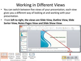 Working in Different Views
• You can switch between five views of your presentation, each view
gives you a different way of looking at and working with your
presentation.
• From left to right, the views are Slide View, Outline View, Slide
Sorter View, Notes Pages View and Slide Show View.
 