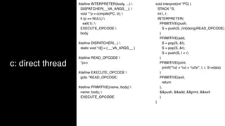 c: direct thread
#deﬁne INTERPRETER(body, ...) 
DISPATCHER(__VA_ARGS__); 
void **p = compile(PC, d); 
if (p == NULL) 
exit(1); 
EXECUTE_OPCODE 
body
#deﬁne DISPATCHER(...) 
static void *d[] = { __VA_ARGS__ }
#deﬁne READ_OPCODE 
*p++
#deﬁne EXECUTE_OPCODE 
goto *READ_OPCODE;
#deﬁne PRIMITIVE(name, body) 
name: body; 
EXECUTE_OPCODE
void interpret(int *PC) {
STACK *S;
int l, r;
INTERPRETER(
PRIMITIVE(push,
S = push(S, (int)(long)READ_OPCODE)
)
PRIMITIVE(add,
S = pop(S, &l);
S = pop(S, &r);
S = push(S, l + r)
)
PRIMITIVE(print,
printf("%d + %d = %dn", l, r, S->data)
)
PRIMITIVE(exit,
return
),
&&push, &&add, &&print, &&exit
)
}
 