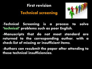 First revision
Technical screening
-Technical Screening is a process to solve
‘technical’ problems such as poor English.
-Manuscripts that do not meet standard are
returned to the corresponding author, with a
check-list of missing or insufficient items.
-Authors can resubmit the paper after attending to
these technical insufficiencies.
 