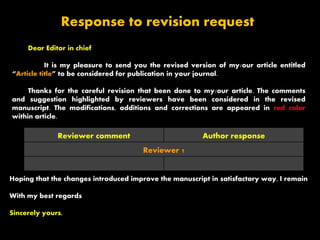 Response to revision request
Reviewer comment Author response
Reviewer 1
Dear Editor in chief
It is my pleasure to send you the revised version of my/our article entitled
“Article title” to be considered for publication in your journal.
Thanks for the careful revision that been done to my/our article. The comments
and suggestion highlighted by reviewers have been considered in the revised
manuscript. The modifications, additions and corrections are appeared in red color
within article.
Hoping that the changes introduced improve the manuscript in satisfactory way, I remain
With my best regards
Sincerely yours,
 
