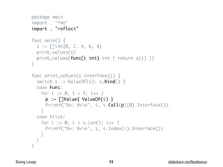package main
import . "fmt"
import . "reflect"
func main() {
s := []int{0, 2, 4, 6, 8}
print_values(s)
print_values(func(i int) int { return s[i] })
}
func print_values(s interface{}) {
switch s := ValueOf(s); s.Kind() {
case Func:
for i := 0; i < 5; i++ {
p := []Value{ ValueOf(i) }
Printf("%v: %vn", i, s.Call(p)[0].Interface())
}
case Slice:
for i := 0; i < s.Len(); i++ {
Printf("%v: %vn", i, s.Index(i).Interface())
}
}
}
93Going Loopy slideshare.net/feyeleanor
 