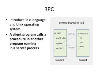 RPC
• Introduce in c language
and Unix operating
system.
• A client program calls a
procedure in another
program running
in a server process
 