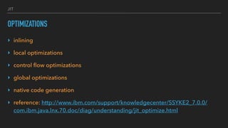 JIT
OPTIMIZATIONS
‣ inlining
‣ local optimizations
‣ control ﬂow optimizations
‣ global optimizations
‣ native code generation
‣ reference: http://www.ibm.com/support/knowledgecenter/SSYKE2_7.0.0/
com.ibm.java.lnx.70.doc/diag/understanding/jit_optimize.html
 