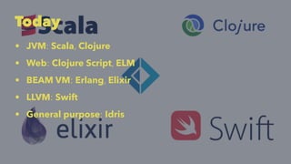 Today
• JVM: Scala, Clojure
• Web: Clojure Script, ELM
• BEAM VM: Erlang, Elixir
• LLVM: Swift
• General purpose: Idris
 