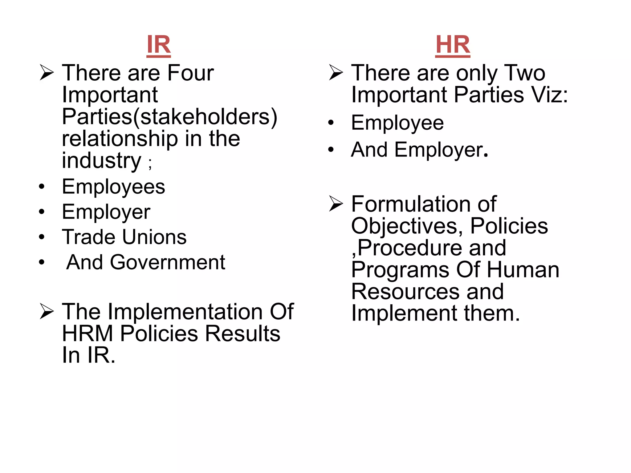 IR
 There are Four
Important
Parties(stakeholders)
relationship in the
industry ;
• Employees
• Employer
• Trade Unions
• And Government
 The Implementation Of
HRM Policies Results
In IR.
HR
 There are only Two
Important Parties Viz:
• Employee
• And Employer.
 Formulation of
Objectives, Policies
,Procedure and
Programs Of Human
Resources and
Implement them.
 