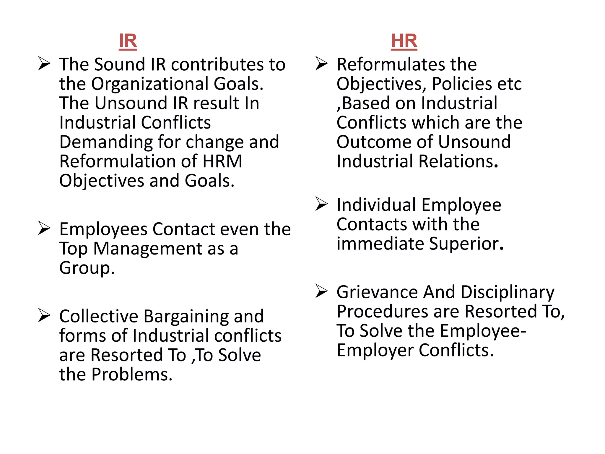 IR
 The Sound IR contributes to
the Organizational Goals.
The Unsound IR result In
Industrial Conflicts
Demanding for change and
Reformulation of HRM
Objectives and Goals.
 Employees Contact even the
Top Management as a
Group.
 Collective Bargaining and
forms of Industrial conflicts
are Resorted To ,To Solve
the Problems.
HR
 Reformulates the
Objectives, Policies etc
,Based on Industrial
Conflicts which are the
Outcome of Unsound
Industrial Relations.
 Individual Employee
Contacts with the
immediate Superior.
 Grievance And Disciplinary
Procedures are Resorted To,
To Solve the Employee-
Employer Conflicts.
 