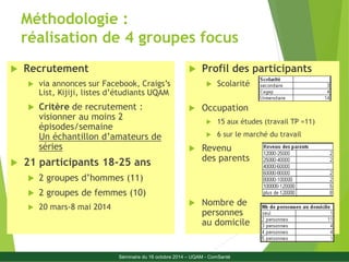 Méthodologie : 
réalisation de 4 groupes focus 
 Recrutement 
 via annonces sur Facebook, Craigs’s 
List, Kijiji, listes d’étudiants UQAM 
 Critère de recrutement : 
visionner au moins 2 
épisodes/semaine 
Un échantillon d’amateurs de 
séries 
 21 participants 18-25 ans 
 2 groupes d’hommes (11) 
 2 groupes de femmes (10) 
 20 mars-8 mai 2014 
 Profil des participants 
 Scolarité 
 Occupation 
 15 aux études (travail TP =11) 
 6 sur le marché du travail 
 Revenu 
des parents 
 Nombre de 
personnes 
au domicile 
5 
Séminaire du 16 octobre 2014 – UQAM - ComSanté 
 