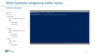 19
Docker Compose
Multi-Container Umgebung selber bauen
version: '2'
services:
businessdb:
image: sath89/oracle-xe-11g
ports:
- "8081:8080"
- "1522:1521"
apexdb:
image: sath89/oracle-xe-11g
ports:
- "8082:8080"
- "1523:1521"
websrv:
image: tomcat
ports:
- "8888:8080"
 