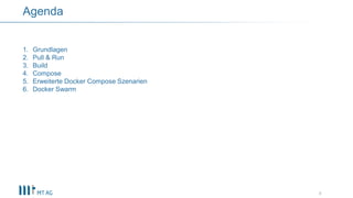 4
Agenda
1. Grundlagen
2. Pull & Run
3. Build
4. Compose
5. Erweiterte Docker Compose Szenarien
6. Docker Swarm
 