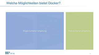 Docker Pull
• Download eines
fertigen Images
• Private oder
öffentliche
Repositories
• Single Container
Docker Build
• Umf...