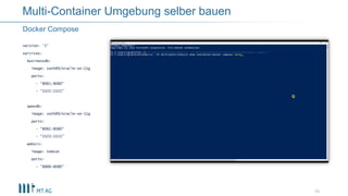 19
Docker Compose
Multi-Container Umgebung selber bauen
version: '2'
services:
businessdb:
image: sath89/oracle-xe-11g
por...
