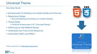 Komponenten für Desktop und mobile Geräte out of the box
 Responsive Design
 Gute Darstellung auf Desktop und mobilen Geräten
 Theme Roller
 Farbliche Anpassungen (z.B. Corporate Design)
 Anlehnung an das Material Design
 Unterstützt Icon Fonts (Font Awesome)
 Unterstützt CSS3 und HTML5
Selbst ausprobieren auf https://apex.oracle.com/ut
10
One Size fits All
Universal Theme
 