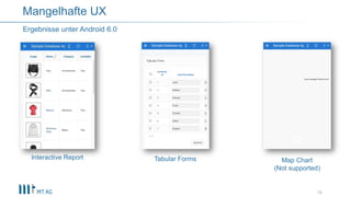 16
Ergebnisse unter Android 6.0
Mangelhafte UX
Interactive Report Tabular Forms Map Chart
(Not supported)
 